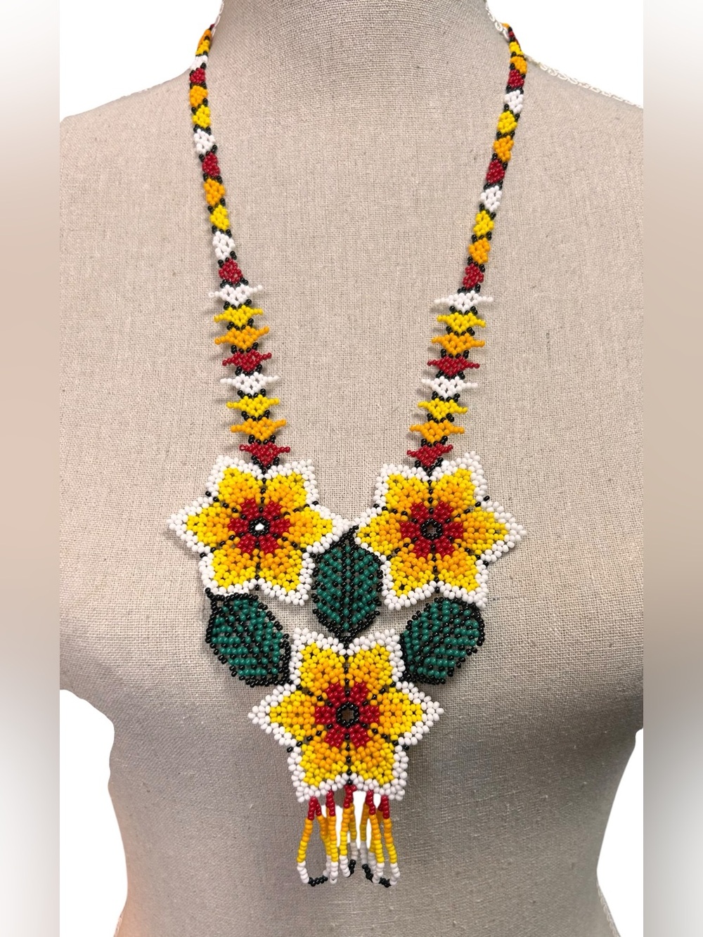 Handcrafted Mexican Huichol
Beaded Flower Statement Necklace
Yellow Red, Artisan